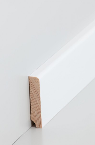 Holz Sockelleiste Kiefer deckend weiß (RAL 9016) lackiert Oberkante abgerundet 1,3x60mm