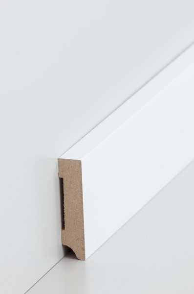 Sockelleiste, Oberkante rechteckig, MDF-Kern mit lackierfähiger Folie ummantelt, 1,3 x 58 mm, Länge