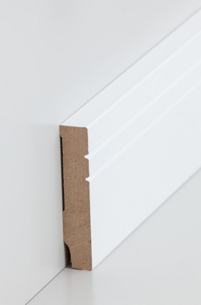 Sockelleiste Weiß 16 x 80 mm Oberkante rechteckig Sichtseite mit 2 profilnuten, MDF-Kern mit lackier