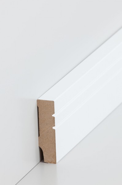 Sockelleiste Weiß 16 x 58 mm Oberkante rechteckig Sichtseite mit 2 Profilnuten MDF-Kern