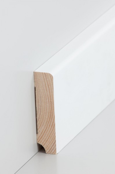 Massivholz Holzsockelleiste, Oberkante abgerundet 19x80mm Kiefer deckend weiß (RAL 9016) lackiert
